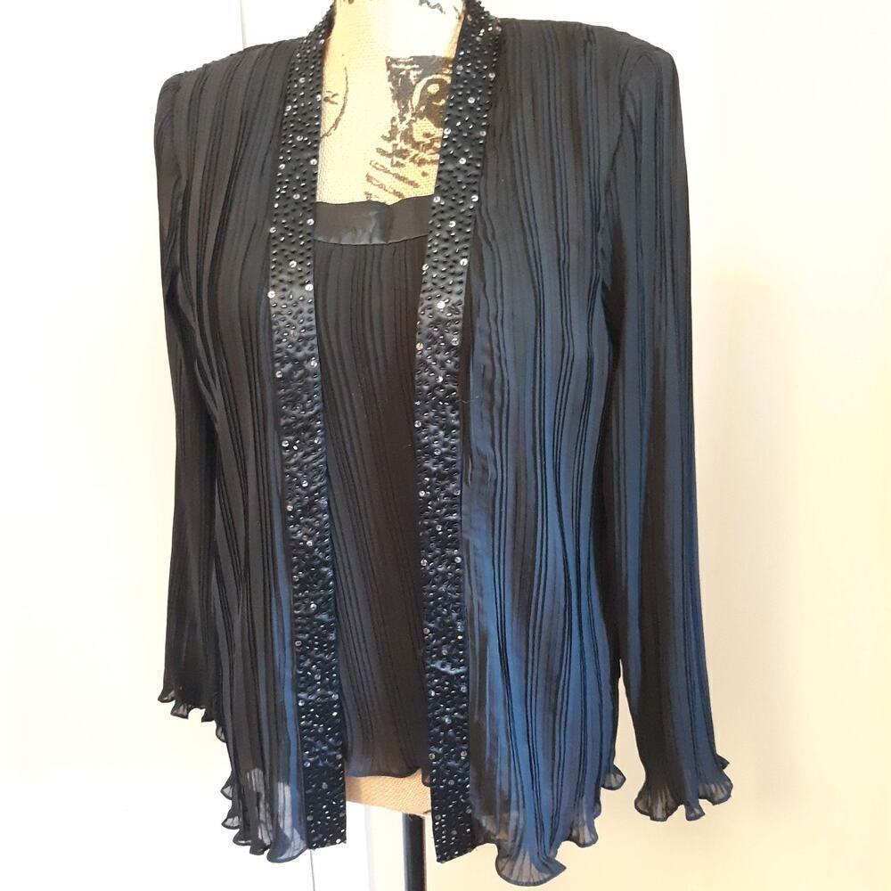 2 Piece Shell & Jacket Black Mini Pleat Beaded Set Size 14 Holiday Wear LNC